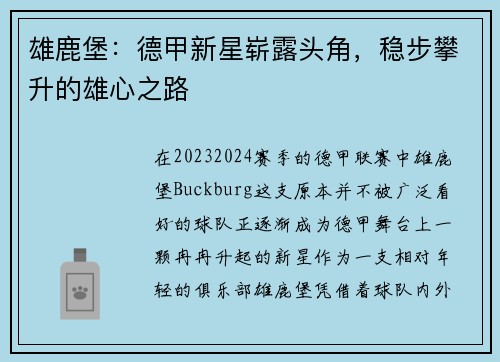 雄鹿堡：德甲新星崭露头角，稳步攀升的雄心之路