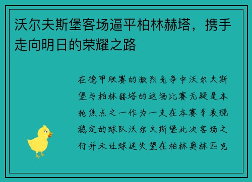 沃尔夫斯堡客场逼平柏林赫塔，携手走向明日的荣耀之路