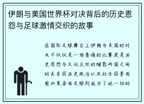伊朗与美国世界杯对决背后的历史恩怨与足球激情交织的故事