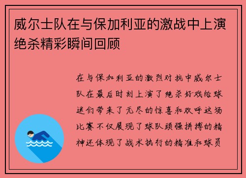 威尔士队在与保加利亚的激战中上演绝杀精彩瞬间回顾