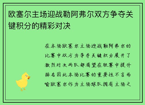 欧塞尔主场迎战勒阿弗尔双方争夺关键积分的精彩对决