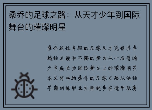 桑乔的足球之路：从天才少年到国际舞台的璀璨明星