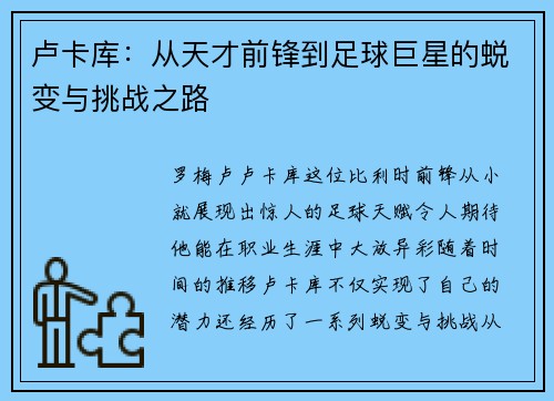 卢卡库：从天才前锋到足球巨星的蜕变与挑战之路