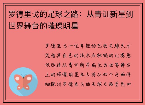 罗德里戈的足球之路：从青训新星到世界舞台的璀璨明星