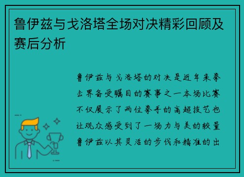 鲁伊兹与戈洛塔全场对决精彩回顾及赛后分析