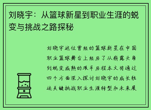 刘晓宇：从篮球新星到职业生涯的蜕变与挑战之路探秘