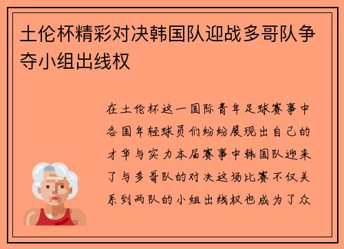 土伦杯精彩对决韩国队迎战多哥队争夺小组出线权