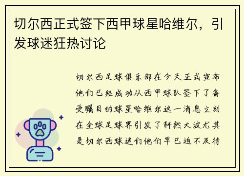 切尔西正式签下西甲球星哈维尔，引发球迷狂热讨论