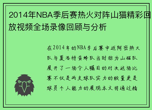 2014年NBA季后赛热火对阵山猫精彩回放视频全场录像回顾与分析