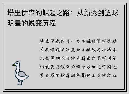 塔里伊森的崛起之路：从新秀到篮球明星的蜕变历程