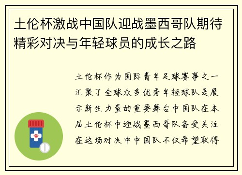 土伦杯激战中国队迎战墨西哥队期待精彩对决与年轻球员的成长之路