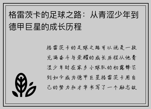 格雷茨卡的足球之路：从青涩少年到德甲巨星的成长历程