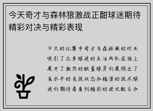 今天奇才与森林狼激战正酣球迷期待精彩对决与精彩表现