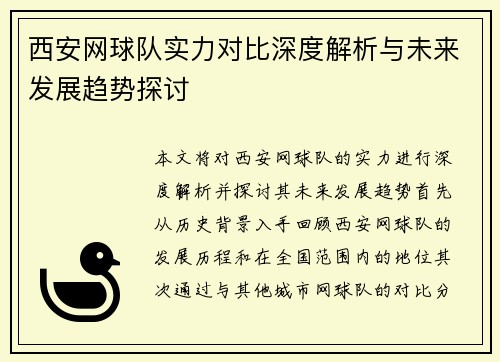 西安网球队实力对比深度解析与未来发展趋势探讨