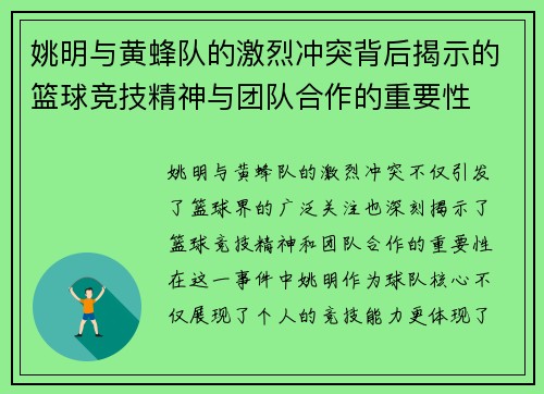姚明与黄蜂队的激烈冲突背后揭示的篮球竞技精神与团队合作的重要性