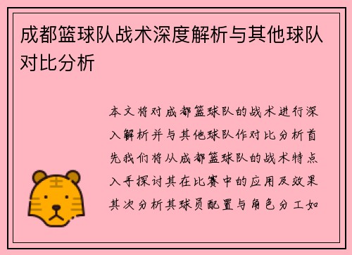 成都篮球队战术深度解析与其他球队对比分析