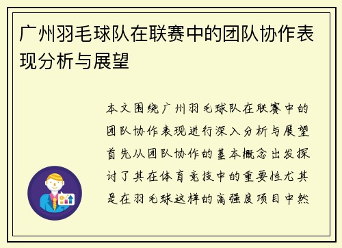 广州羽毛球队在联赛中的团队协作表现分析与展望