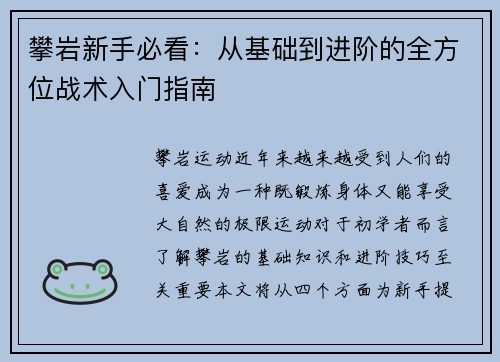攀岩新手必看：从基础到进阶的全方位战术入门指南