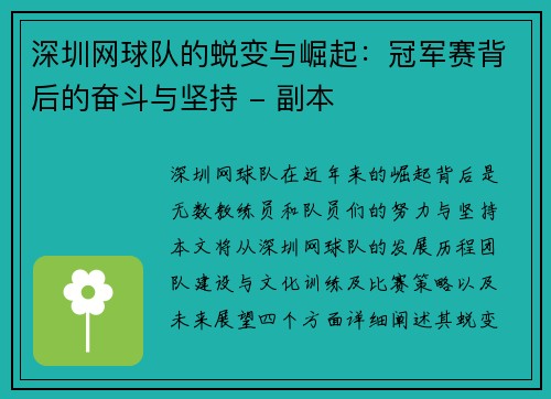 深圳网球队的蜕变与崛起：冠军赛背后的奋斗与坚持 - 副本