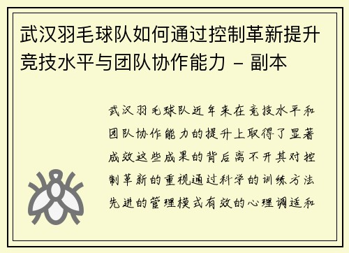 武汉羽毛球队如何通过控制革新提升竞技水平与团队协作能力 - 副本